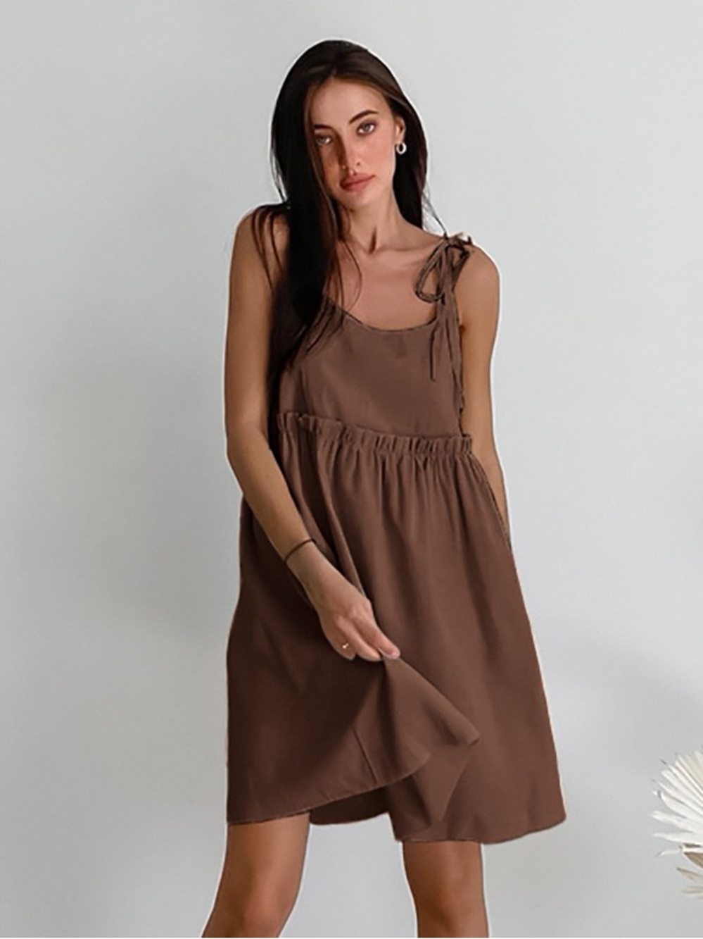 Brown Midi Tie-Shoulder Dress